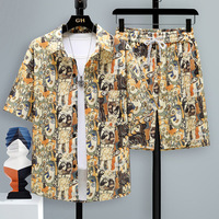 Ensemble chemise et short à manches courtes pour homme, motif drapeau vieilli, tenue d'été streetwear, design découpé boutonné, 2 pièces