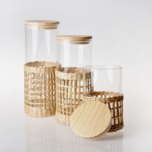 Wholesale High Borosilicate air Tight Glass Food Storage Jar and <strong>Bottle</strong> with <strong>Wicker</strong> and Bamboo Lid - Product Image 1