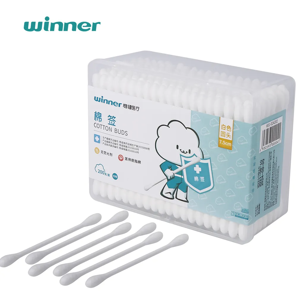 Winner-bastoncillo de papel orgánico, bastoncillos médicos desengrasantes de algodón con punta Q, bastoncillos de algodón de bambú de viaje personalizados, OEM, 200 Uds.