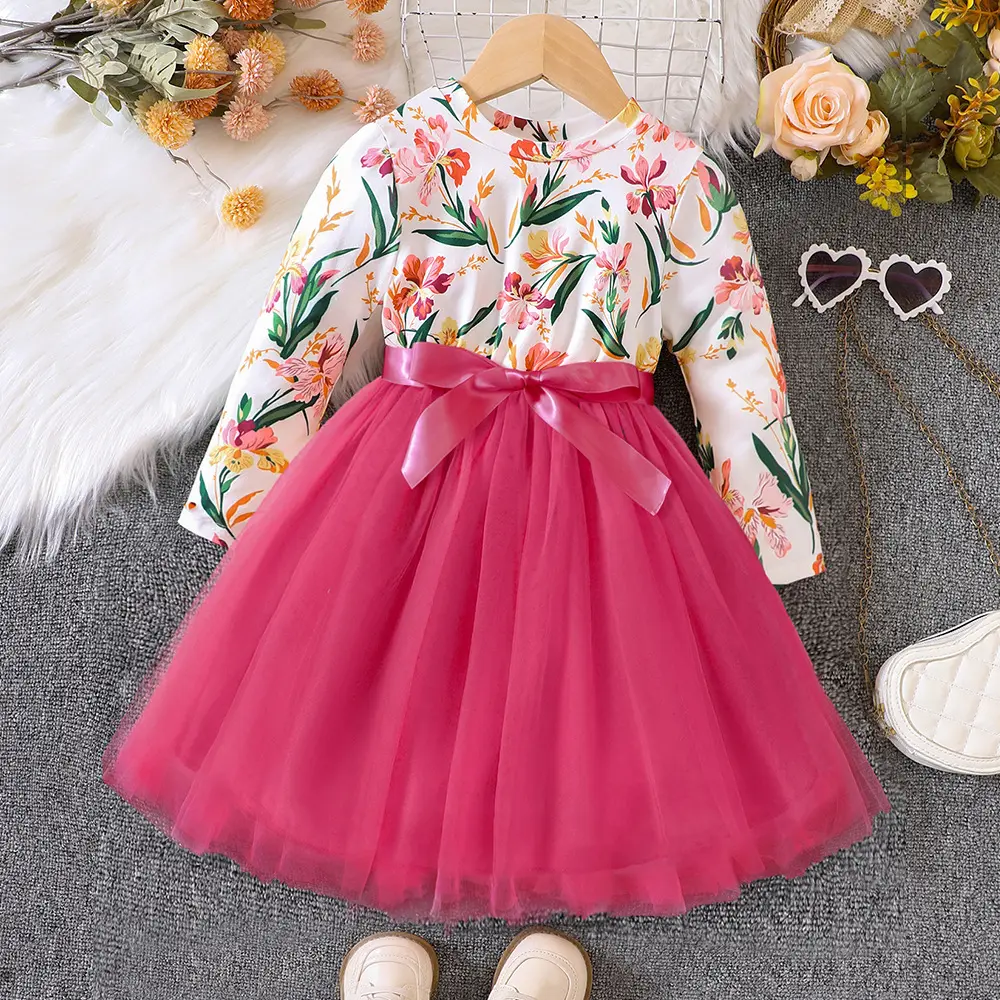 Ropa para niños ropa diaria primavera manga larga estampado floral algodón Top bebé niños pequeños tul hasta la rodilla vestidos casuales para niños