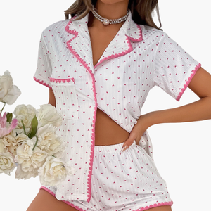 Pijama de Algodón con Estampado de Corazones y Ribete Festoneado, Conjunto de Pijama de Manga Corta para Mujer, Pantalones Cortos de Pijama, Conjuntos de Pijama de Modal y Bambú - Product Image 2