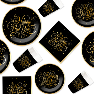 DAMAI New Years Eve Party Supplies Happy New Year Tableware Set <b>Disposable</b> Paper Plates Paper Cup Napkins and Wooden Cutlery - Product Image 2