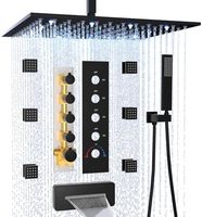 HOMEDEC Robinet thermostatique en laiton noir à poignée unique de 12 pouces, système de douche LED à 5 voies avec jet pluie et bec de baignoire cascade douce