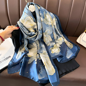 <span class=keywords><strong>2025</strong></span>新作ファンシーフラワープリントシルクスカーフイスラム教徒女性用ロングラージ180*90CMシルクスカーフHijabロータスパターンショールラップ - Product Image 2