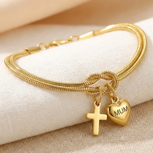 Bracelet en acier inoxydable 304 plaqué or 18 carats avec pendentif en forme de cœur croisé laser et symbole d'infini pour femmes - Product Image 1