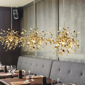 Nordic home decorative hotel office DIY stainless steel leaves chandeliers LED golden pendant lamp