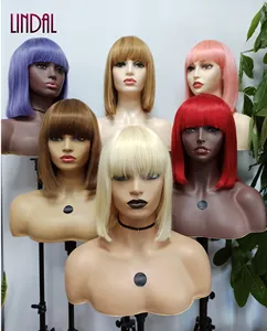 LINDAL human hair wig with bangs in two colors 10" 12" 14" colored bang wig blonde bob wig with bangs human hair