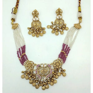 Ensemble collier et boucles d'oreilles en argent et or finition antique avec perles de rubis, bijoux ethniques de mariage pour femmes - Product Image 2