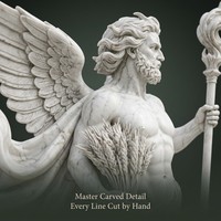 Fontaine de luxe en marbre Ventus avec statue, cape ailée, épis de blé, bâton tourbillonnant, fonction aquatique, éclairage RGB/Laser dauphin, IP68
