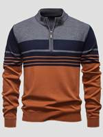 En promotion, Nouvel arrivage : Pull en maille pour homme à blocs de couleur et rayures, avec col montant infroissable et fermeture éclair quart de tour, idéal pour les sorties décontractées.
