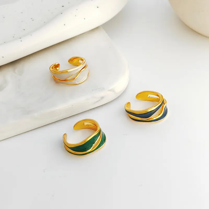 Simple Vintage Geometric Enamel Ring Gold Plated Opening Resizable Ring