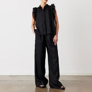 قميص بأكمام بغطاء كشكش بأزرار سادة وبنطلون قطني عريض الساق عالي الخصر طقم من قطعتين Patalon Et Haut Pour Mujer Dame - Product Image 3