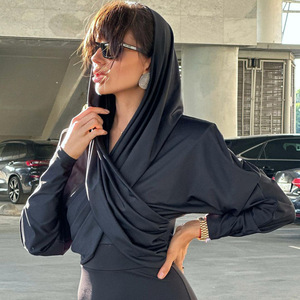 New Fasonable Slim Fit Tsrt Long Sleeved <b>Cross</b> Tie Ooded Crop <b>Top</b> Wit Digital Printing Casual Style - Product Image 2