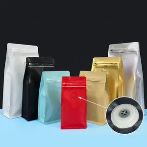 Biodegradable flat bottom stand up coffee beans packing bag with air valve for 1/4 1/2 1 pound ready in ship box type bag