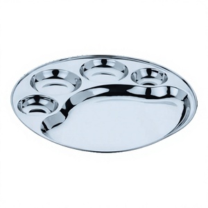 Stainless Steel <b>Grid</b> Divided School Restaurant Canteen Dish Dinner Plate Lunch Tray 5 Compartment Round Tray Lunch Dinner Plate - Product Image 1