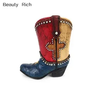 تكساس نجم حذاء برقبة كاوبوي مع الصليب حامل القلم الرصاص الغربية الراتنج حذاء برقبة كاوبوي تمثال