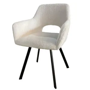 Romance Modern Elegant White soft upholstered plush wool Back open Design Teddy Fabric Dining Chairs with Metal legs