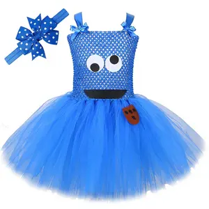 Summer Girl Dress Cookie Monster Tutu Skirt Sleeveless Sling Breathable Flower Girl Dress with Headband Set