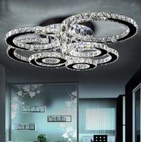 Lustres de plafond multi-têtes circulaires de luxe modernes en cristal et acier inoxydable avec télécommande pour salon et chambre à coucher