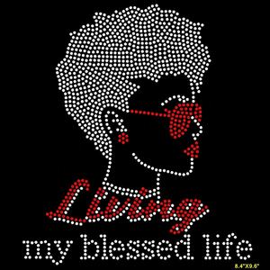 Diseño de Transferencia de Pedrería Termoadhesiva Personalizada con la Frase 'Living My Blessed Life', Motivo Religioso, Pedrería para Planchar en Camisetas - Product Image 1