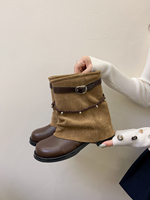 Bottes mi-mollet souples pour femmes, bout rond, semelle plate, boucle, sangle tressée, bottes de style western, 2 couleurs