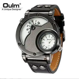 メンズ腕時計Oulm9591ブランドファッションレザーデュアルタイムゾーンスポーツクォーツメンズ腕時計