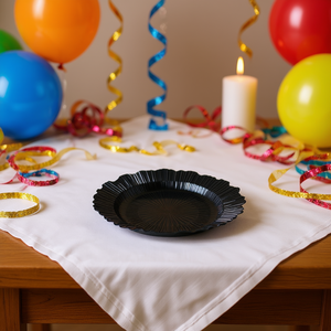 Ensemble de 8 assiettes rondes en plastique, style réflecteur noir pour fêtes d'anniversaire, décorations de table de fête fabriquées à la machine - Product Image 2