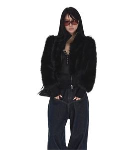 Cappotto Corto Nero di Prima Qualità con Collo alla Coreana in Finta <span class=keywords><strong>Pelliccia</strong></span> Spessa Tessuta e Cerniera per Donne Petite Invernale - Product Image 4