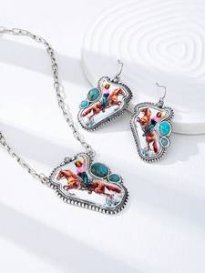 Collier et boucles d'oreilles vintage à imprimé Rodeo Western pour femme, bijoux pendantes rétro floraux du Sud-ouest, style cowgirl - Product Image 6