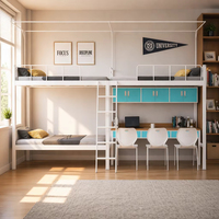 Lit superposé robuste 4 places, style moderne et minimaliste, avec cadre en acier blanc, bureau d'étude, casiers de rangement et panneau multimédia USB rotatif