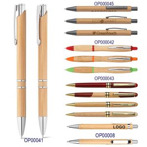 Stylo bille personnalisé en bambou naturel, écologique, double anneau, avec clip métallique argenté, idéal pour les cadeaux - Product Image 1