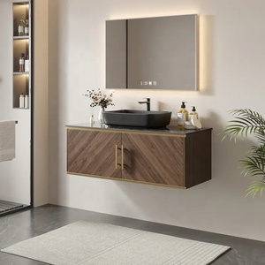 Space-Saving Wall-Mounted Bathroom Vanity <strong>Bath</strong> Mirror Copper <strong>MDF</strong> Door <strong>Panels</strong> Glossy Sintered Stone Top Durable Wood Vessel Sink - Product Image 2