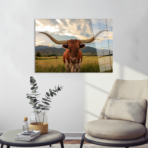 Elegant Texas Longhorn Cow Art: Printed <b>Canvas</b> <b>Wall</b> Decor,TEMPERED GLASS ART - Product Image 3
