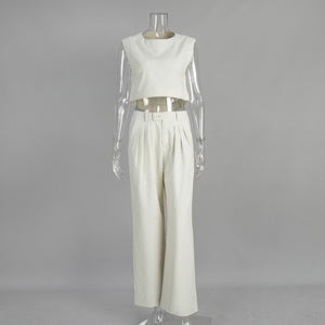 Completo Estivo da <span class=keywords><strong>Donna</strong></span> in <span class=keywords><strong>Lino</strong></span>: Gilet Corto Senza Maniche e <span class=keywords><strong>Pantaloni</strong></span> Larghi a Gamba Larga, Set Casual Traspirante con Bottoni - Product Image 6