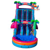 Toboggan gonflable électrique double piste Tropics de 18 pieds avec piscine, aire de jeux pour enfants, idéal pour location de fêtes en extérieur, divertissement aquatique