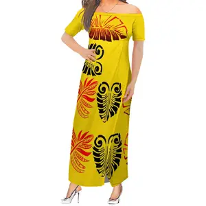 Hiçbir Minimum pasifik miras moda süt ipek bir omuz elbiseler polinezya Tonga Tribal tasarım yüksek kalite bölünmüş uzun elbise
