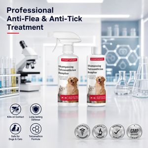 Shampooing et <span class=keywords><strong>spray</strong></span> <span class=keywords><strong>anti</strong></span>-puces et tiques Tetramethrin <span class=keywords><strong>pour</strong></span> chiens et chats, traitement antiparasitaire, vente en gros, fournisseur d'usine. - Product Image 1