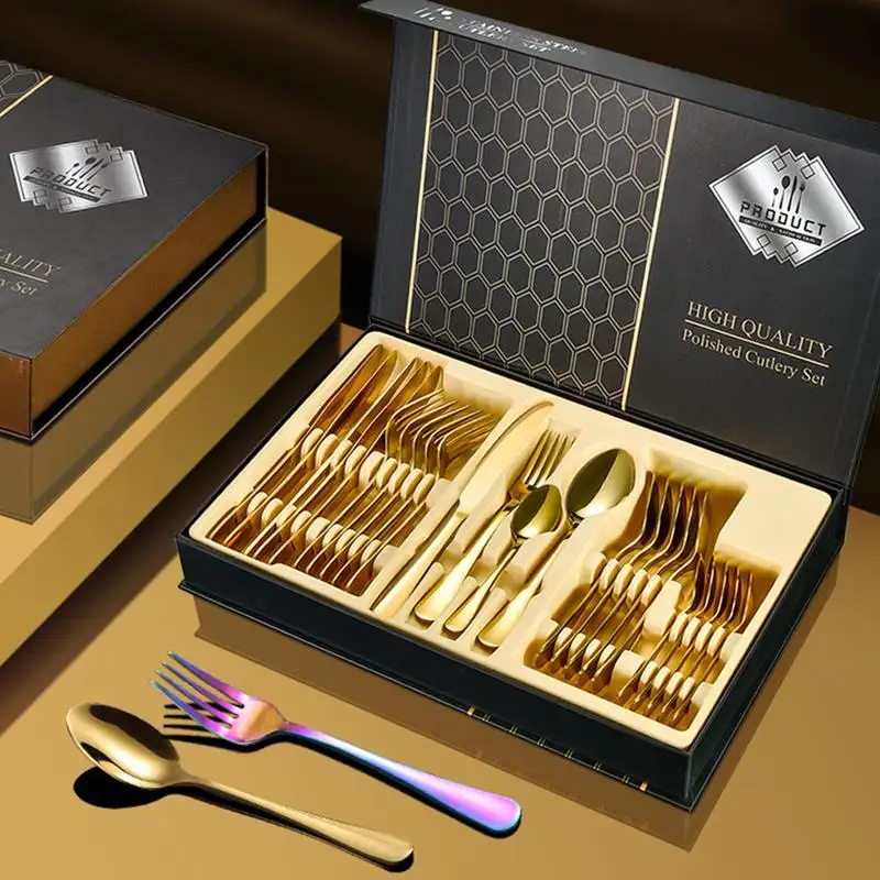 Custom Luxury 24pcs Flatware With Gift Box Gold Silver Stainless Steel Wedding Knife Spoon Fork Cutlery Set