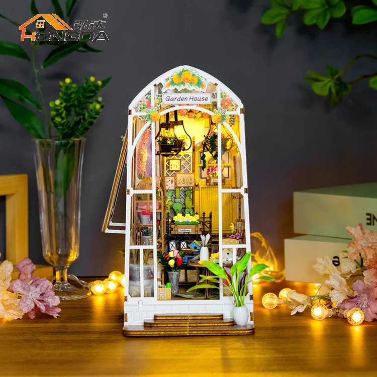 Hongda Miniature House M2313 Garden House 3D en bois personnalisé livre Nook bricolage livre Nooks KIT