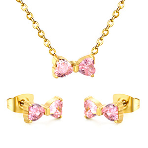 Conjunto de aretes y collar de acero inoxidable con lazo para mujer, joyería de fiesta con diamante blanco y piedra rosa. - Product Image 5