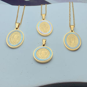 Collier religieux en acier inoxydable avec médaille en nacre, Vierge Marie de Guadalupe, Saint Benoît, médaille miraculeuse - Product Image 4