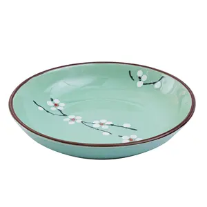 손 그림 꽃 패턴 녹색 디너 플레이트 8 인치 세라믹 원형 접시 샐러드 디저트 수프 접시