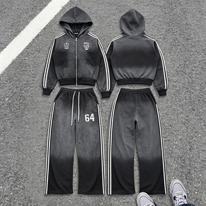 Conjunto de Sudadera con Capucha y Cremallera para Hombre, Estilo Urbano, de Fibra de Bambú 100%, con Estampado a Rayas, Efecto Desgastado y Lavado, Marca Lost Edge - Product Image 1