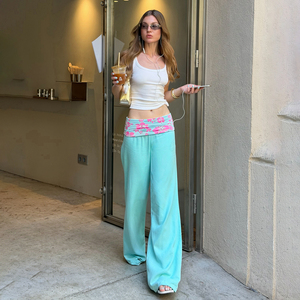 Pantalon décontracté pour femme, taille mi-haute, jambe large, taille élastique, style streetwear, imprimé froissé, ourlet retroussé, couleurs estivales vives, coupe ample et décontractée - Product Image 4