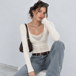 Camiseta de manga larga elástica ajustada con encaje tejido y patchwork para mujer, estilo casual urbano - Product Image 6