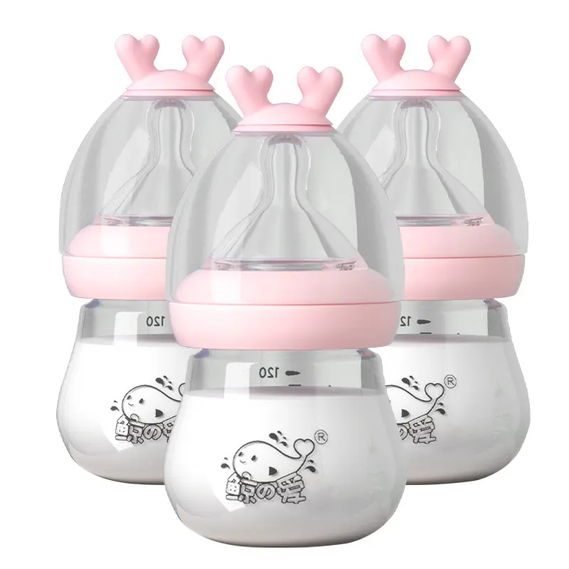120ml Baby Feeding Milk Glass Bottle BPA Free Baby Bottles com Silicone Nipple OEM Standard Print Pattern Pink Safety NO Handle