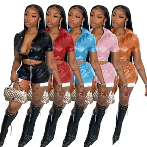 2023 New fashion Women Summer Clothing Pu Leather Matching Set Casual manica corta Button Top abito corto in pelle Pu 2 pezzi Set