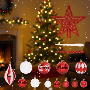 Ensemble de 64 décorations de Noël rouges et blanches avec étoile pour le sommet de l'arbre et boules suspendues pour la décoration des fêtes - Product Image 2