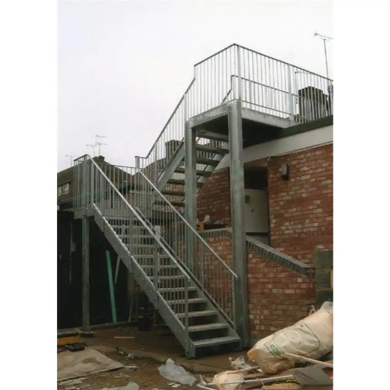 Industrial outdoor exterior steel staircase black checkered plate steps galvanized steel stairs