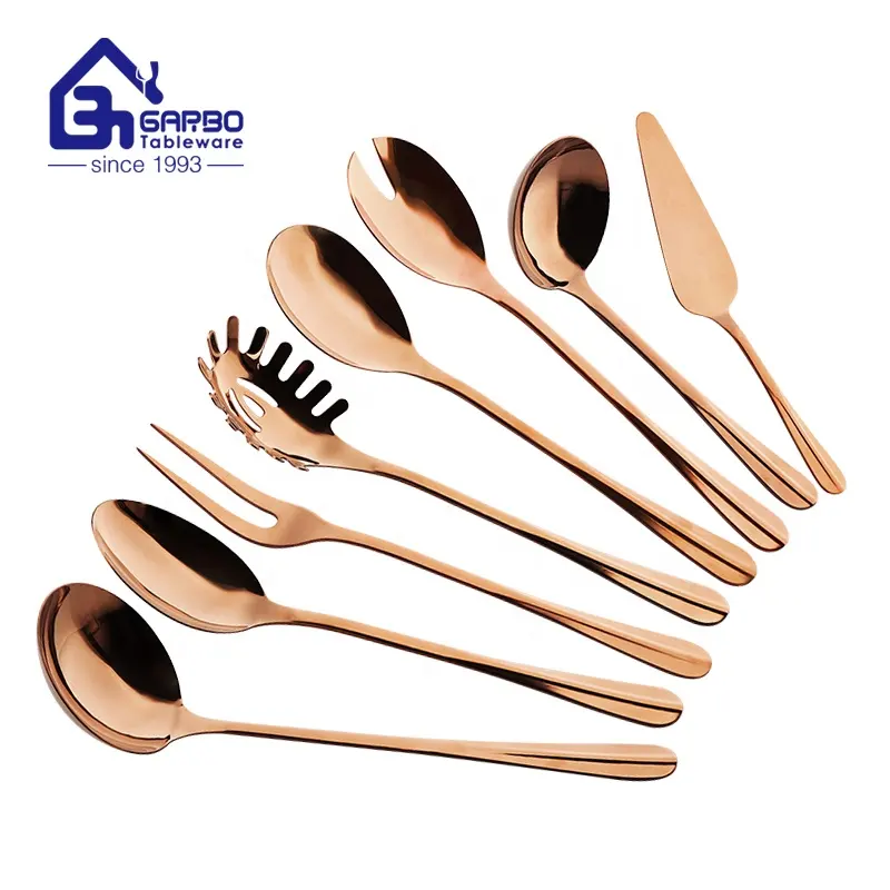 Fábrica de China utensilios de cocina personalizados PVD caja de Color dorado 201 cuchara de sopa de acero inoxidable cucharón para restaurante de catering